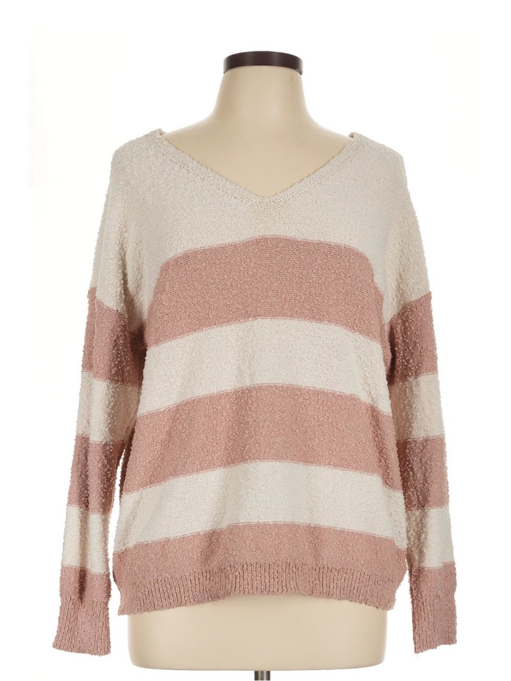 Knox Rose Cozy Popcorn Knit Striped V-Neck Sweater - Cream & Dusty Rose